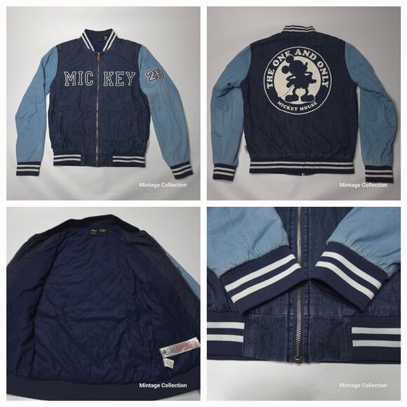 DISNEY MICKEY MOUSE OUR UNIVERSE BLUE FULL ZIP VARSITY BOMBER DENIM JACKET Sz S - Picture 1 of 14